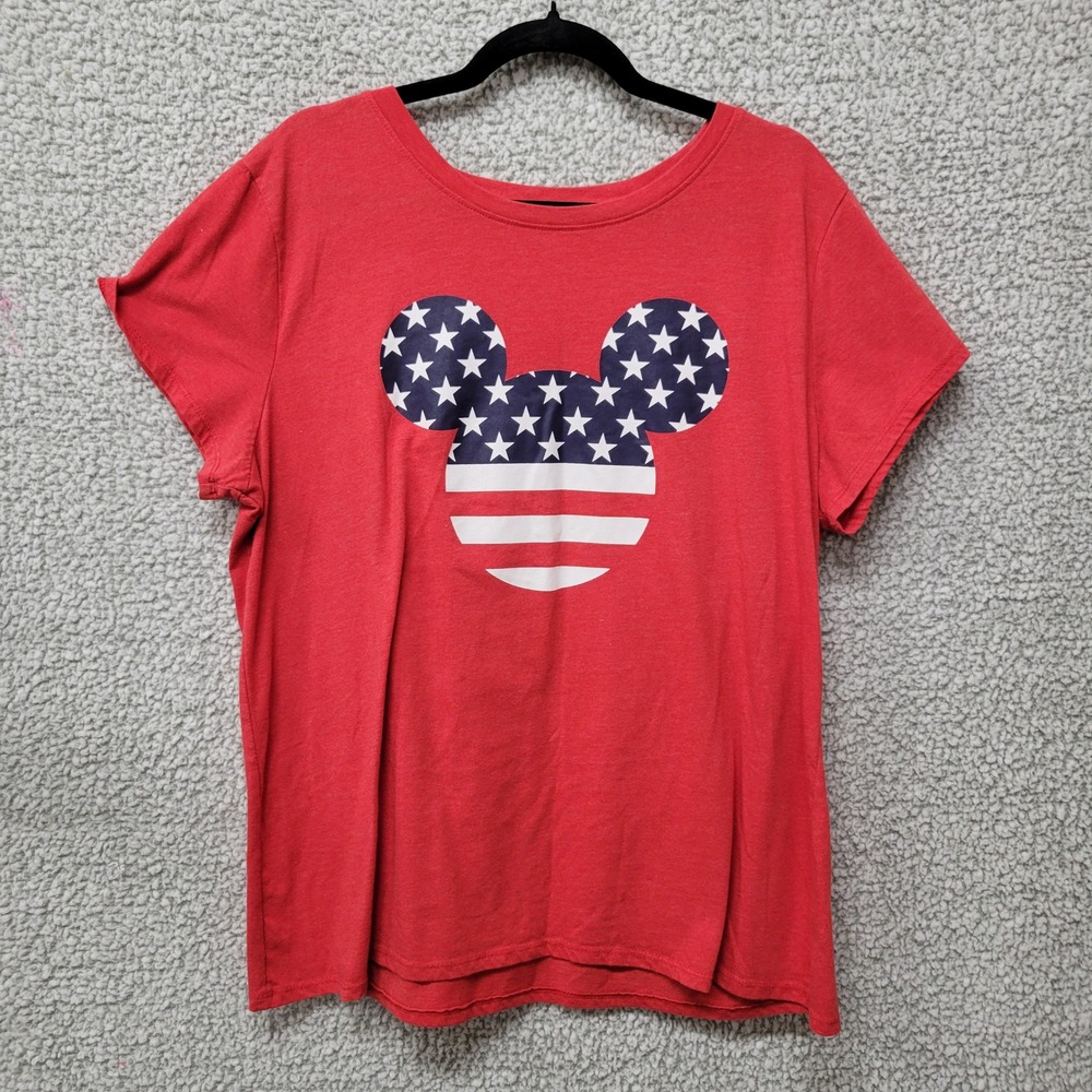 Disney Family Fun Womens XL Red Patriotic Mickey Mouse American Flag T-Shirt